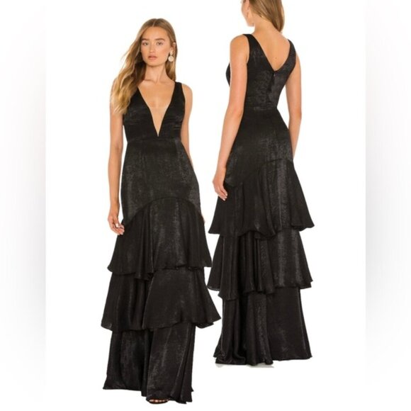 Katie May Dresses & Skirts - Katie May Black Satin Old Money Plunge Neck Ruffle Gown